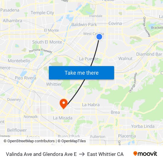 Valinda Ave and Glendora Ave E to East Whittier CA map