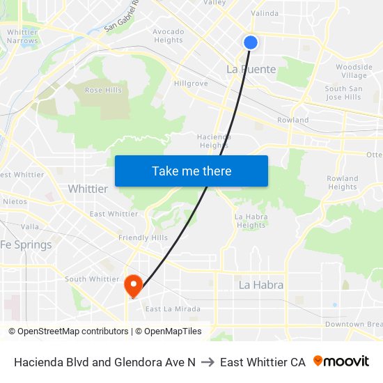 Hacienda Blvd and Glendora Ave N to East Whittier CA map
