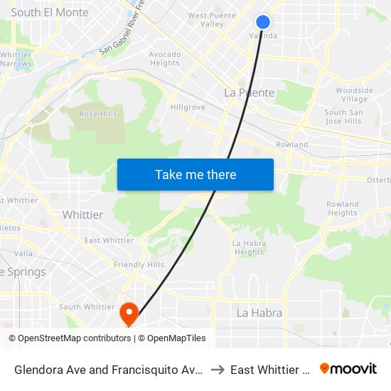 Glendora Ave and Francisquito Ave N to East Whittier CA map