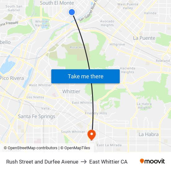 Rush Street and Durfee Avenue to East Whittier CA map