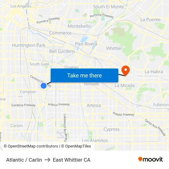 Atlantic / Carlin to East Whittier CA map
