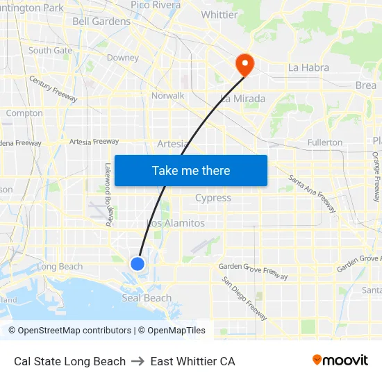 Cal State Long Beach to East Whittier CA map