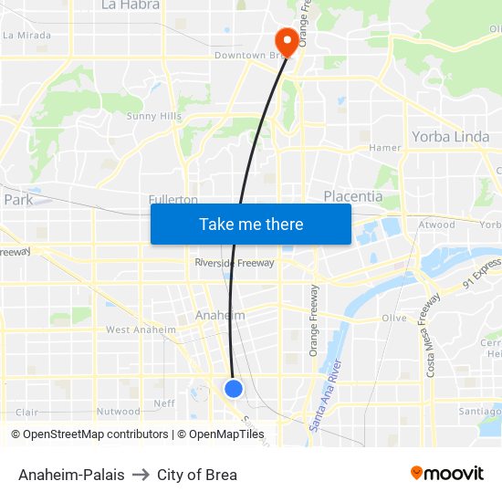 Anaheim-Palais to City of Brea map