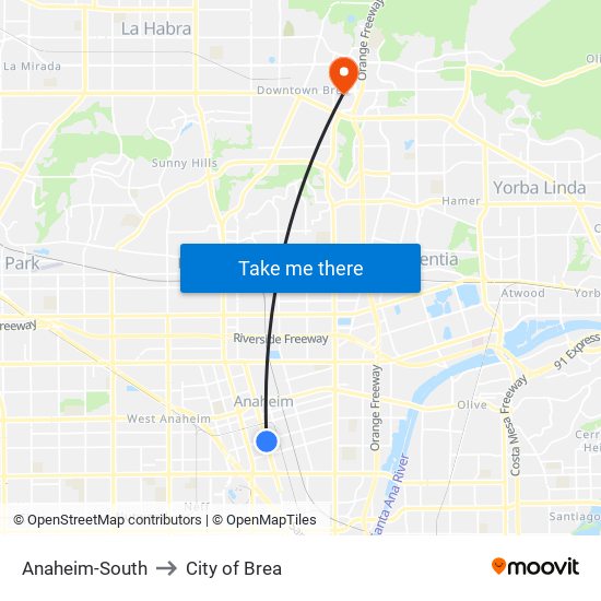 Anaheim-South to City of Brea map