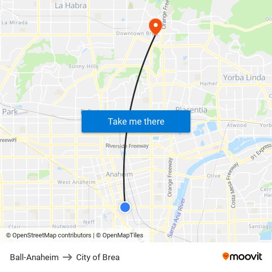 Ball-Anaheim to City of Brea map