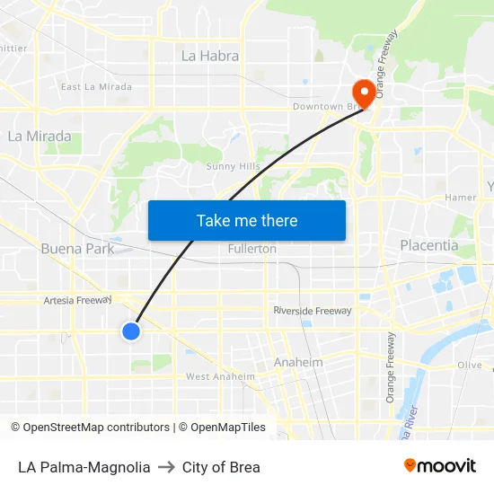 LA Palma-Magnolia to City of Brea map