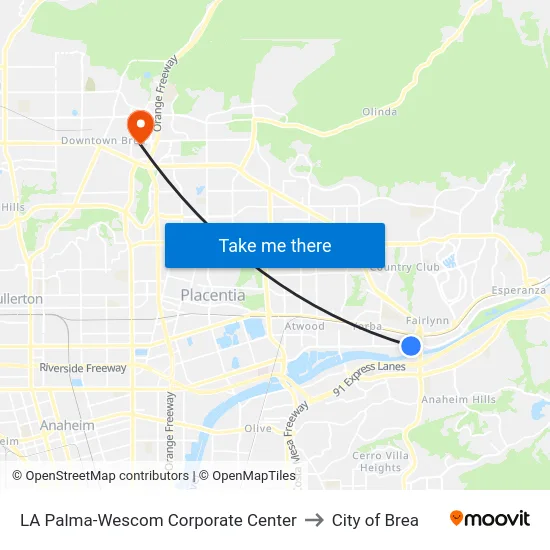 LA Palma-Wescom Corporate Center to City of Brea map