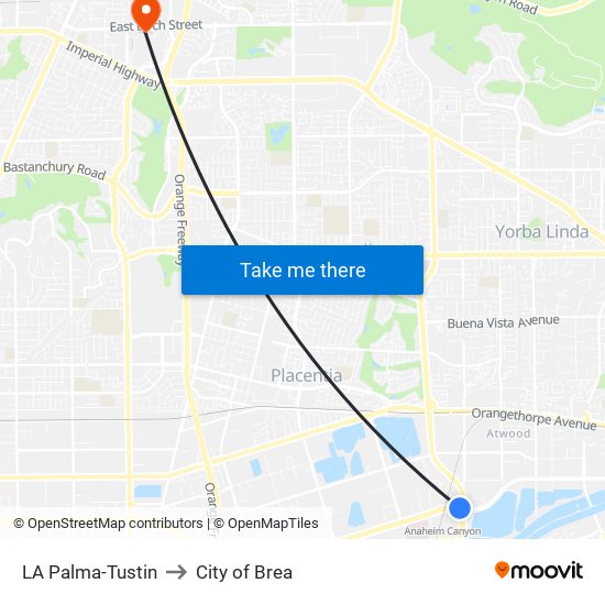 LA Palma-Tustin to City of Brea map