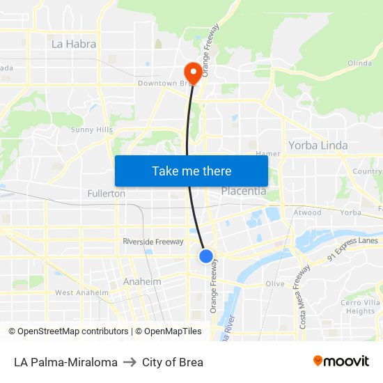 LA Palma-Miraloma to City of Brea map