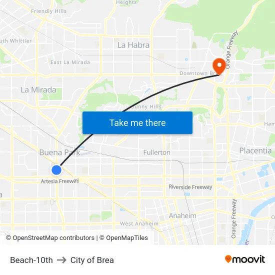 Beach-10th to City of Brea map