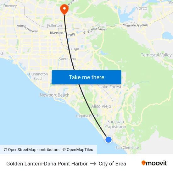Golden Lantern-Dana Point Harbor to City of Brea map