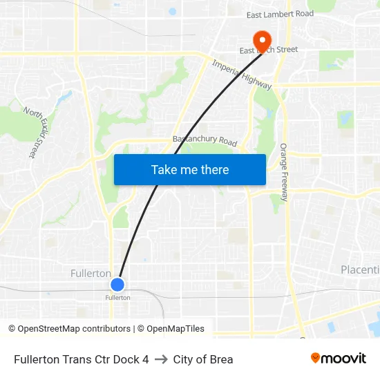 Fullerton Trans Ctr Dock 4 to City of Brea map