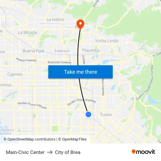Main-Civic Center to City of Brea map