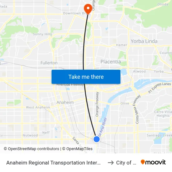 Anaheim Regional Transportation Intermodal Center to City of Brea map