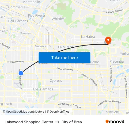 Lakewood Shopping Center to City of Brea map