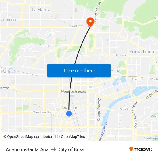 Anaheim-Santa Ana to City of Brea map
