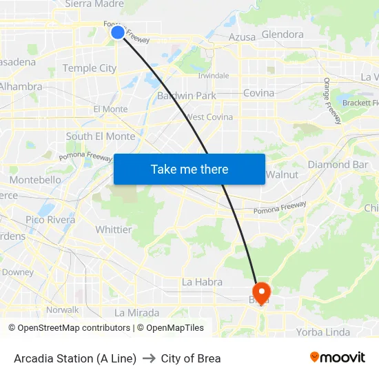 Arcadia Station (A Line) to City of Brea map