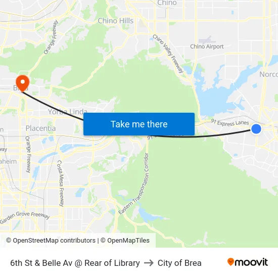 6th St & Belle Av @ Rear of Library to City of Brea map