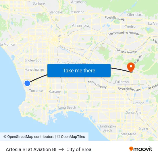 Artesia Bl at Aviation Bl to City of Brea map
