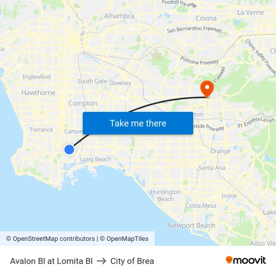 Avalon Bl at Lomita Bl to City of Brea map