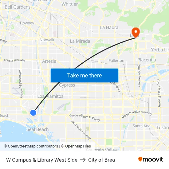 W Campus & Library West Side to City of Brea map