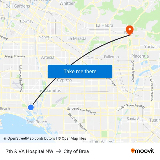 7th & VA Hospital NW to City of Brea map