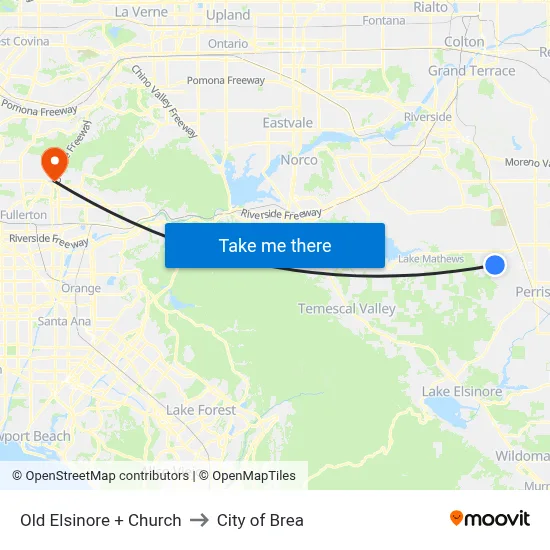 Old Elsinore + Church to City of Brea map