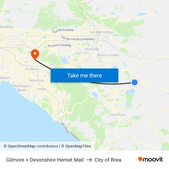 Gilmore + Devonshire Hemet Mall to City of Brea map