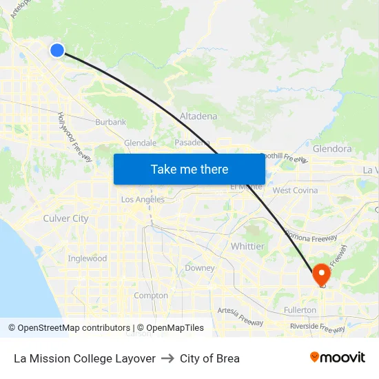 La Mission College Layover to City of Brea map