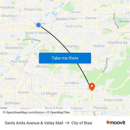 Santa Anita Avenue & Valley Mall to City of Brea map