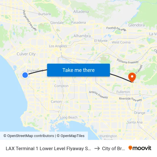 LAX Terminal 1 Lower Level Flyaway Stop to City of Brea map