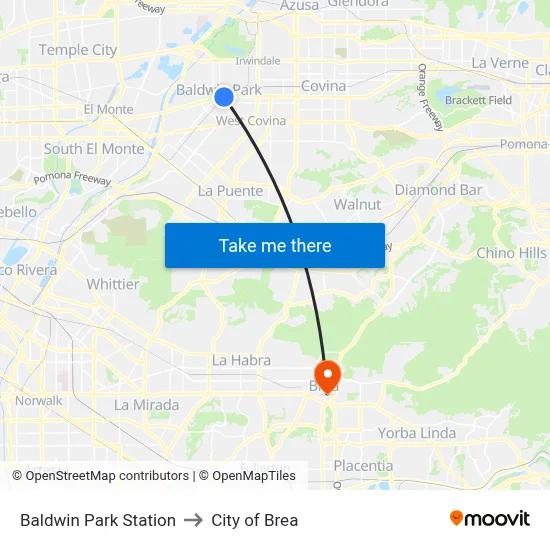 Baldwin Park Station to City of Brea map