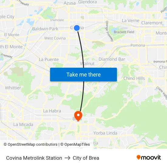 Covina Metrolink Station to City of Brea map