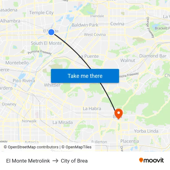 El Monte Metrolink to City of Brea map