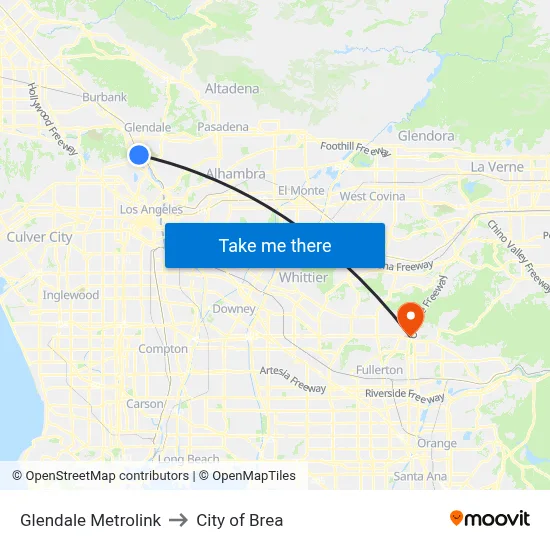 Glendale Metrolink to City of Brea map