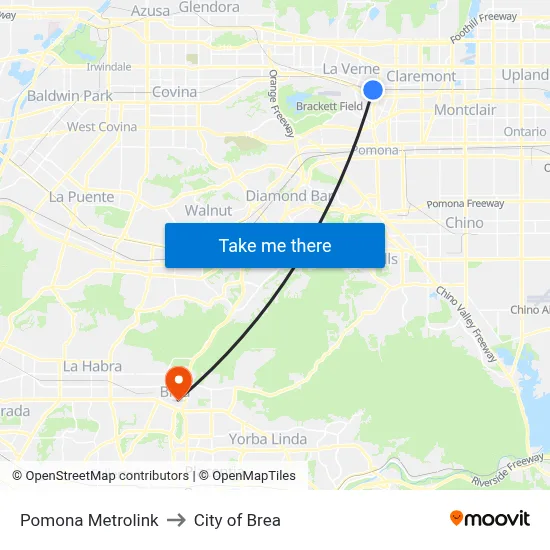 Pomona Metrolink to City of Brea map