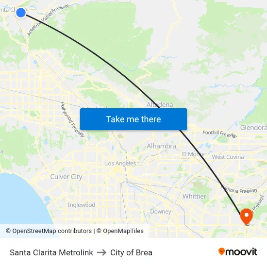 Santa Clarita Metrolink to City of Brea map