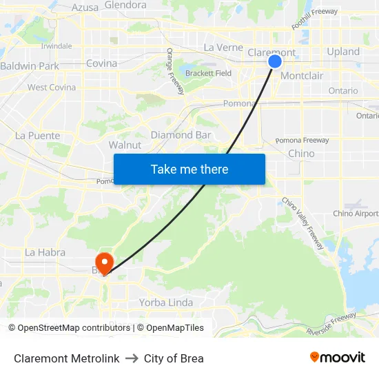 Claremont Metrolink to City of Brea map
