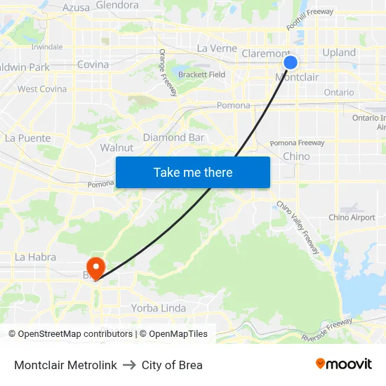 Montclair Metrolink to City of Brea map