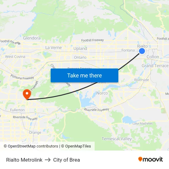 Rialto Metrolink to City of Brea map