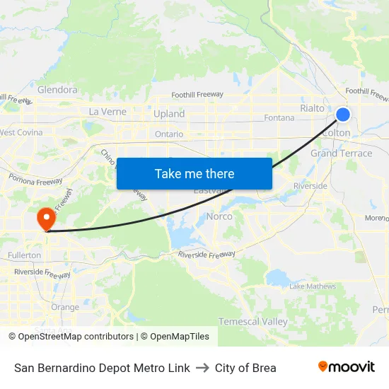 San Bernardino Depot Metro Link to City of Brea map