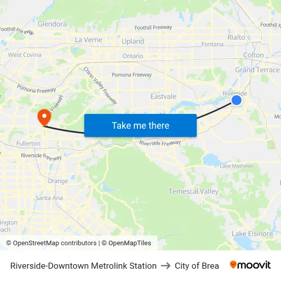 Riverside-Downtown Metrolink Station to City of Brea map