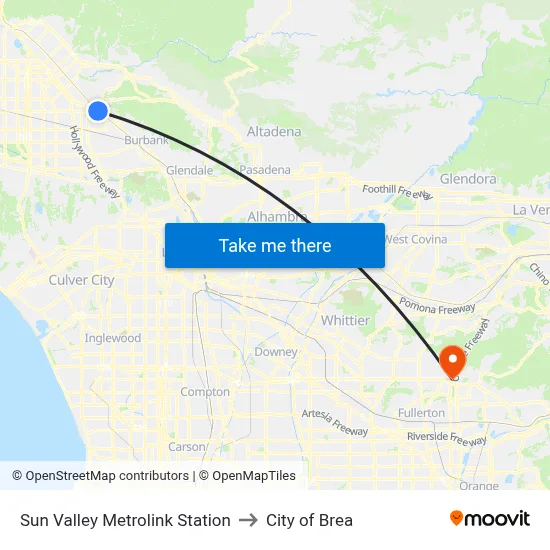 Sun Valley Metrolink Station to City of Brea map