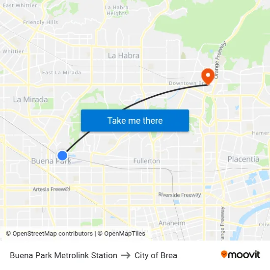 Buena Park Metrolink Station to City of Brea map