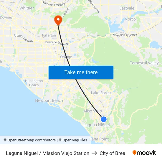 Laguna Niguel / Mission Viejo Station to City of Brea map