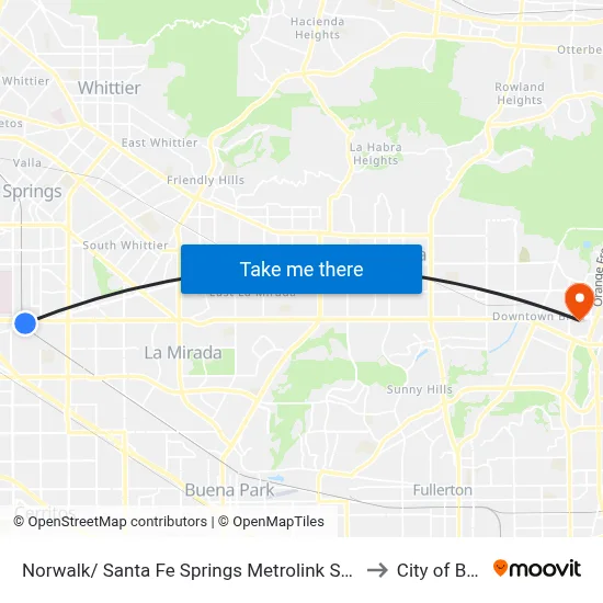 Norwalk/ Santa Fe Springs Metrolink Station to City of Brea map