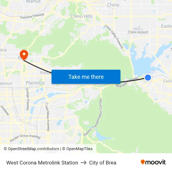 West Corona Metrolink Station to City of Brea map