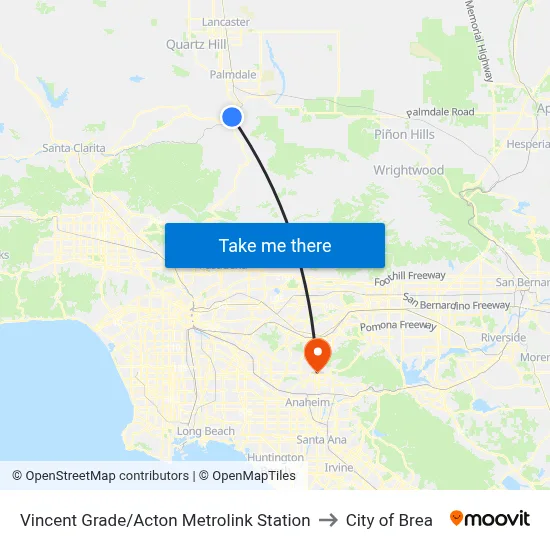 Vincent Grade/Acton Metrolink Station to City of Brea map