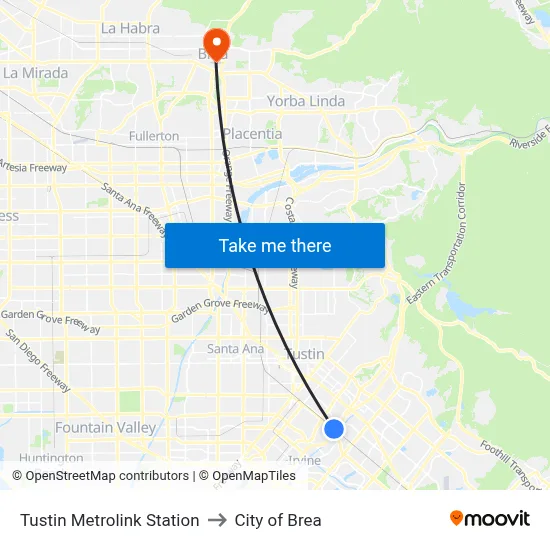 Tustin Metrolink Station to City of Brea map