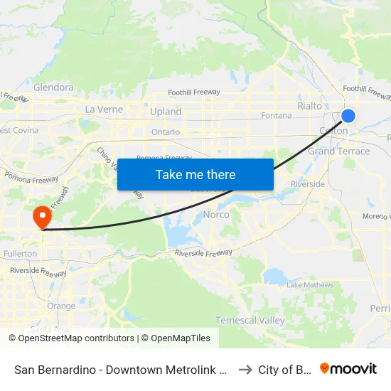 San Bernardino - Downtown Metrolink Station to City of Brea map